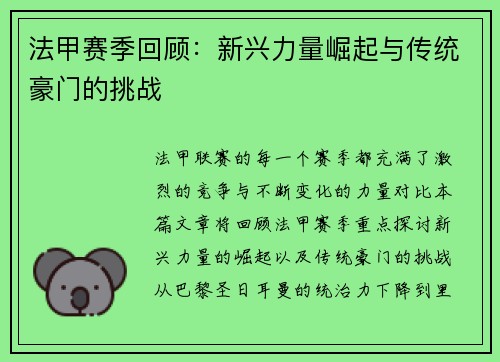 法甲赛季回顾：新兴力量崛起与传统豪门的挑战